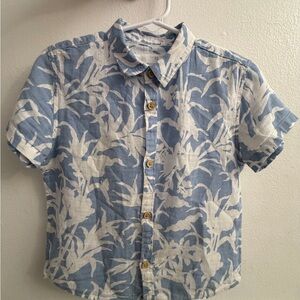 Zara Boys White Blue 4-5 Years Linen Blend Short Sleeve Button Up Shirt Floral